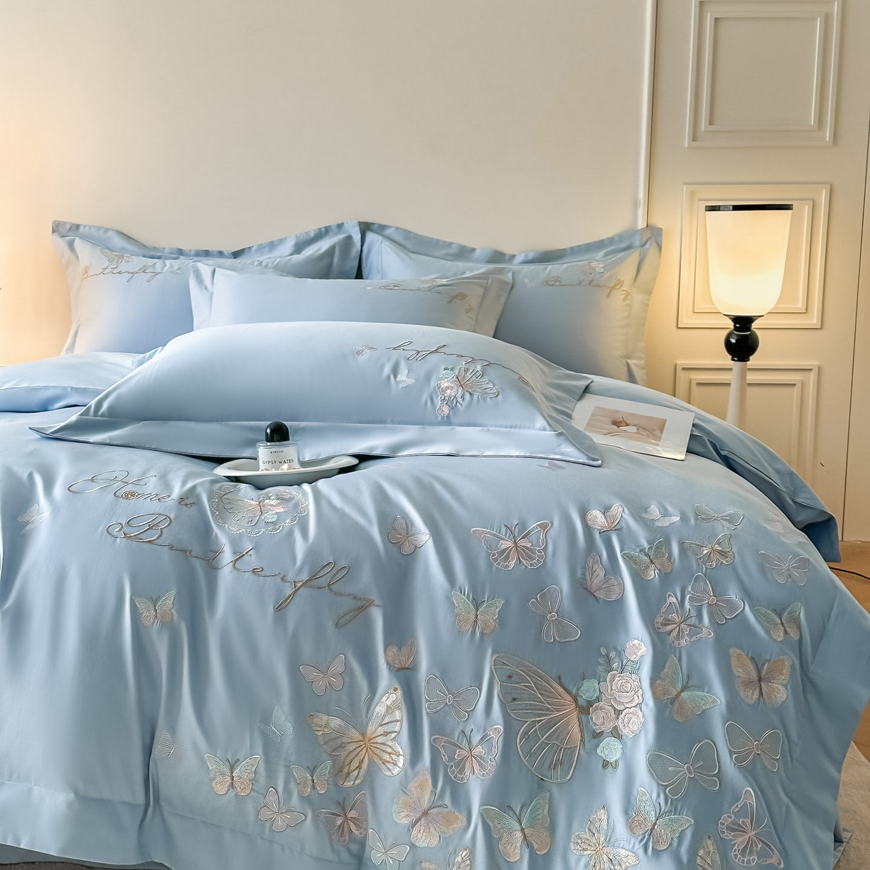 91家纺网 家纺一手货源 找家纺 金喜 2026新款柔软刺绣精梳棉四件套-梦蝶系列 梦蝶-繁星蓝