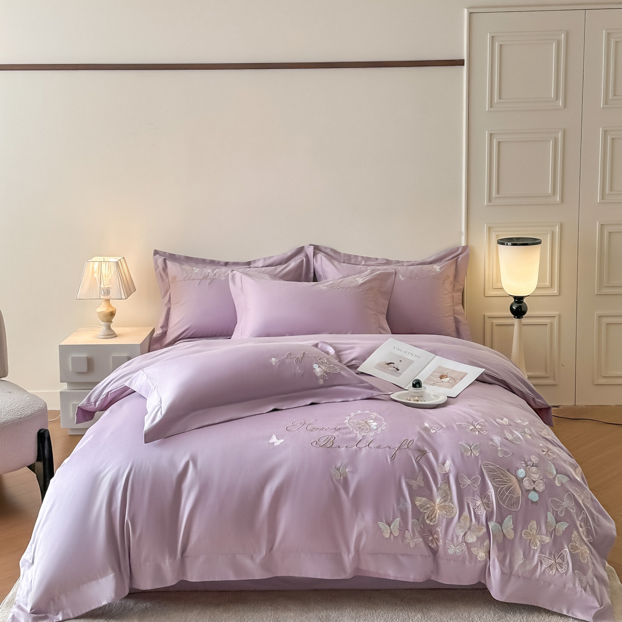 金喜 2026新款柔软刺绣精梳棉四件套-梦蝶系列 梦蝶-香芋紫