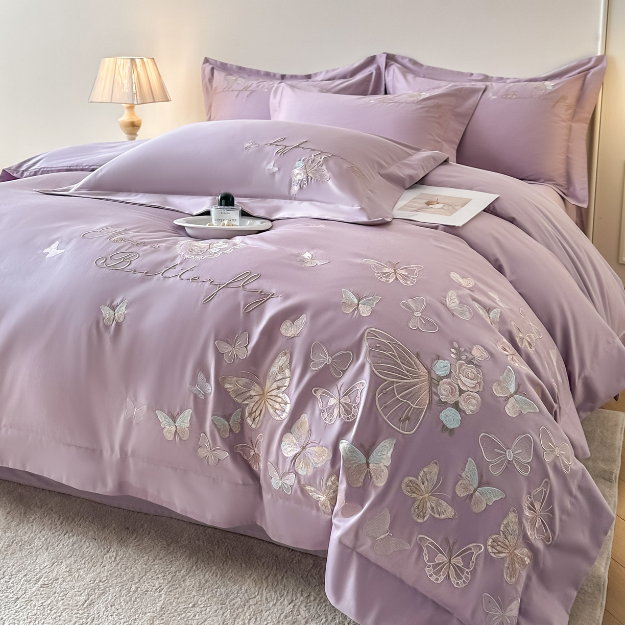 91家纺网 家纺一手货源 找家纺 金喜 2026新款柔软刺绣精梳棉四件套-梦蝶系列 梦蝶-香芋紫