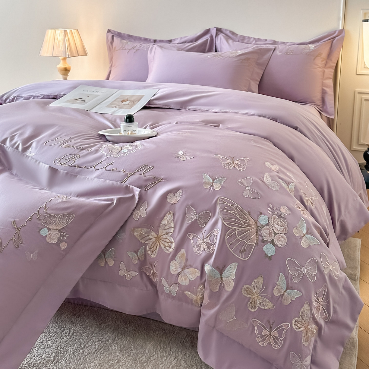 91家纺网 家纺一手货源 找家纺 金喜 2026新款柔软刺绣精梳棉四件套-梦蝶系列 梦蝶-香芋紫