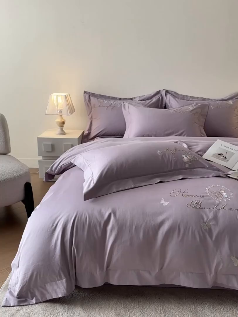 91家纺网 家纺一手货源 找家纺 金喜 2026新款柔软刺绣精梳棉四件套-梦蝶系列 梦蝶-香芋紫