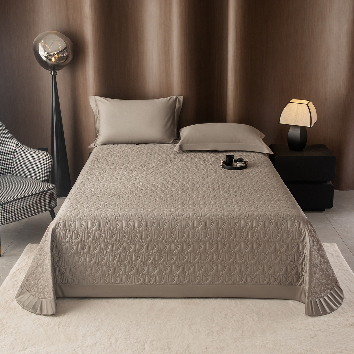 金喜 2025新款100支全棉蚕丝床盖-风格二 灰咖