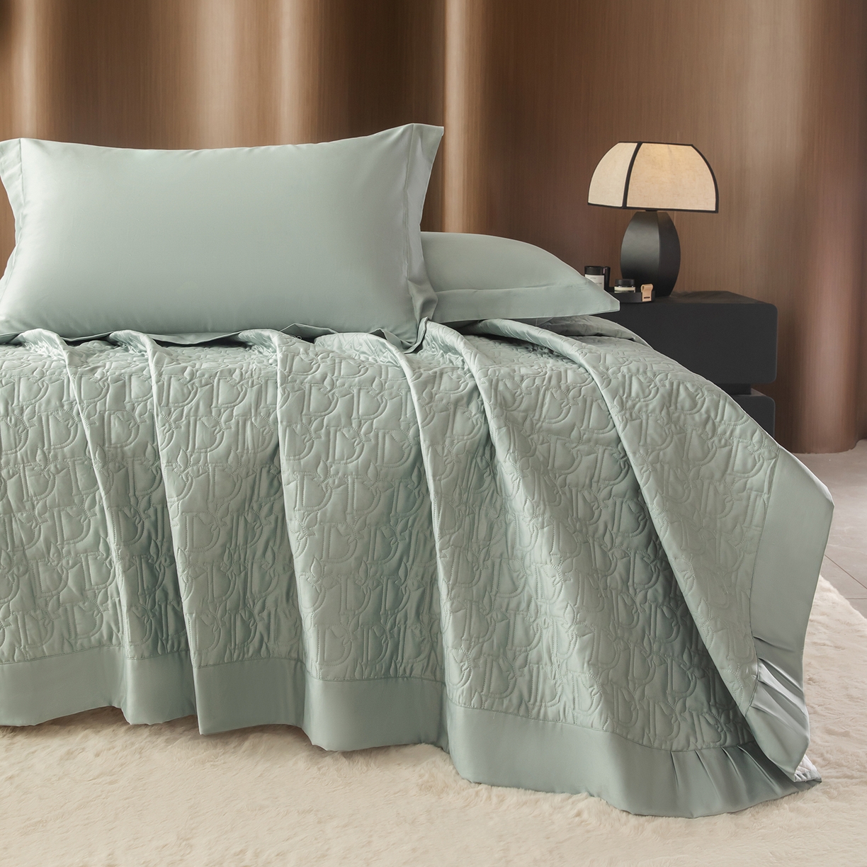 91家纺网 家纺一手货源 找家纺 金喜 2025新款100支全棉蚕丝床盖-风格二 木槿绿