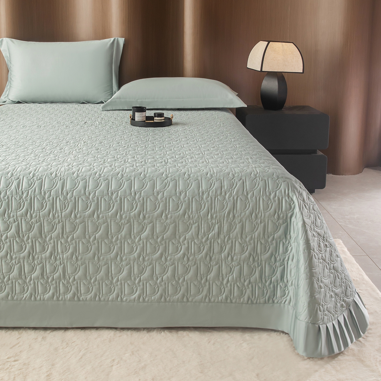 91家纺网 家纺一手货源 找家纺 金喜 2025新款100支全棉蚕丝床盖-风格二 木槿绿