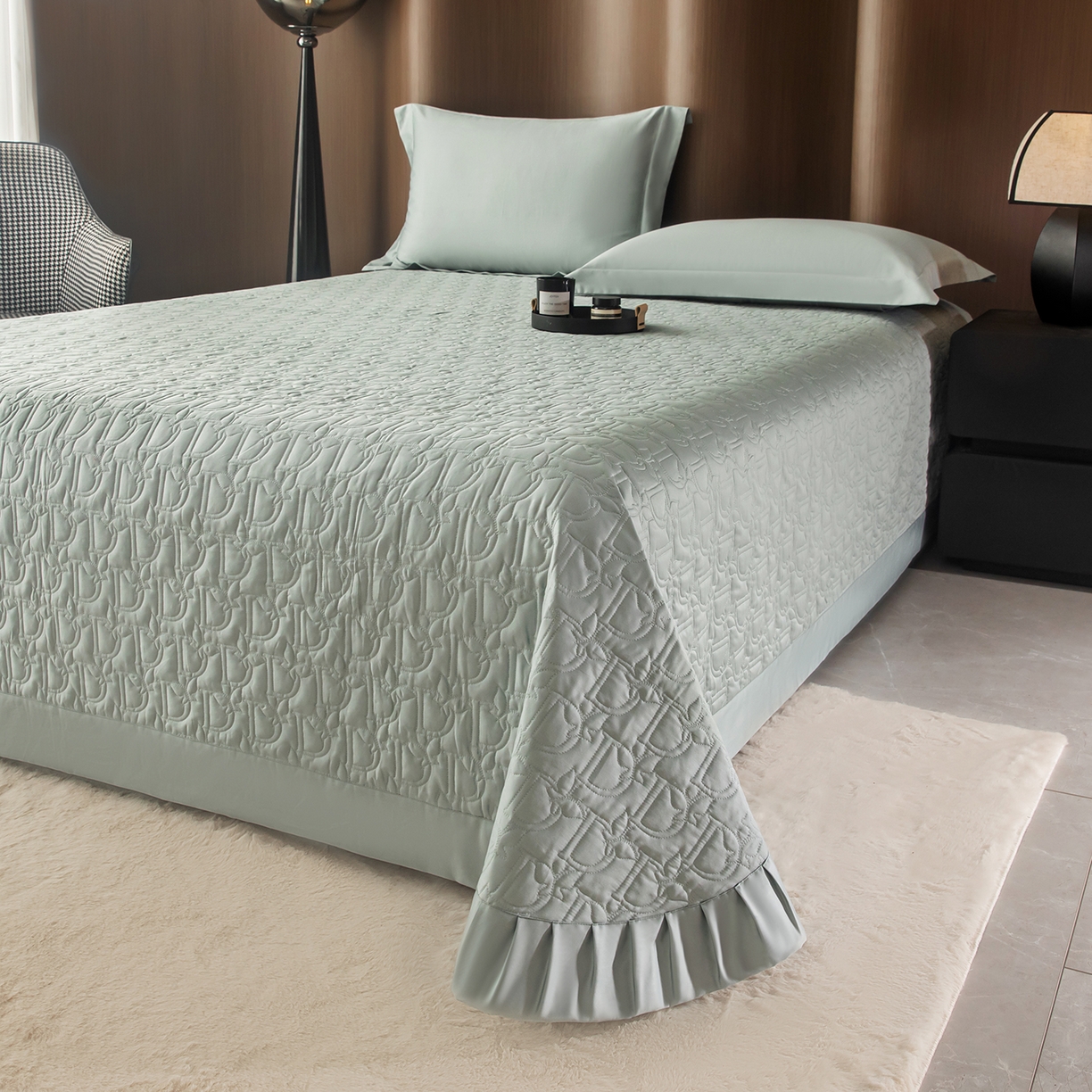 91家纺网 家纺一手货源 找家纺 金喜 2025新款100支全棉蚕丝床盖-风格二 木槿绿