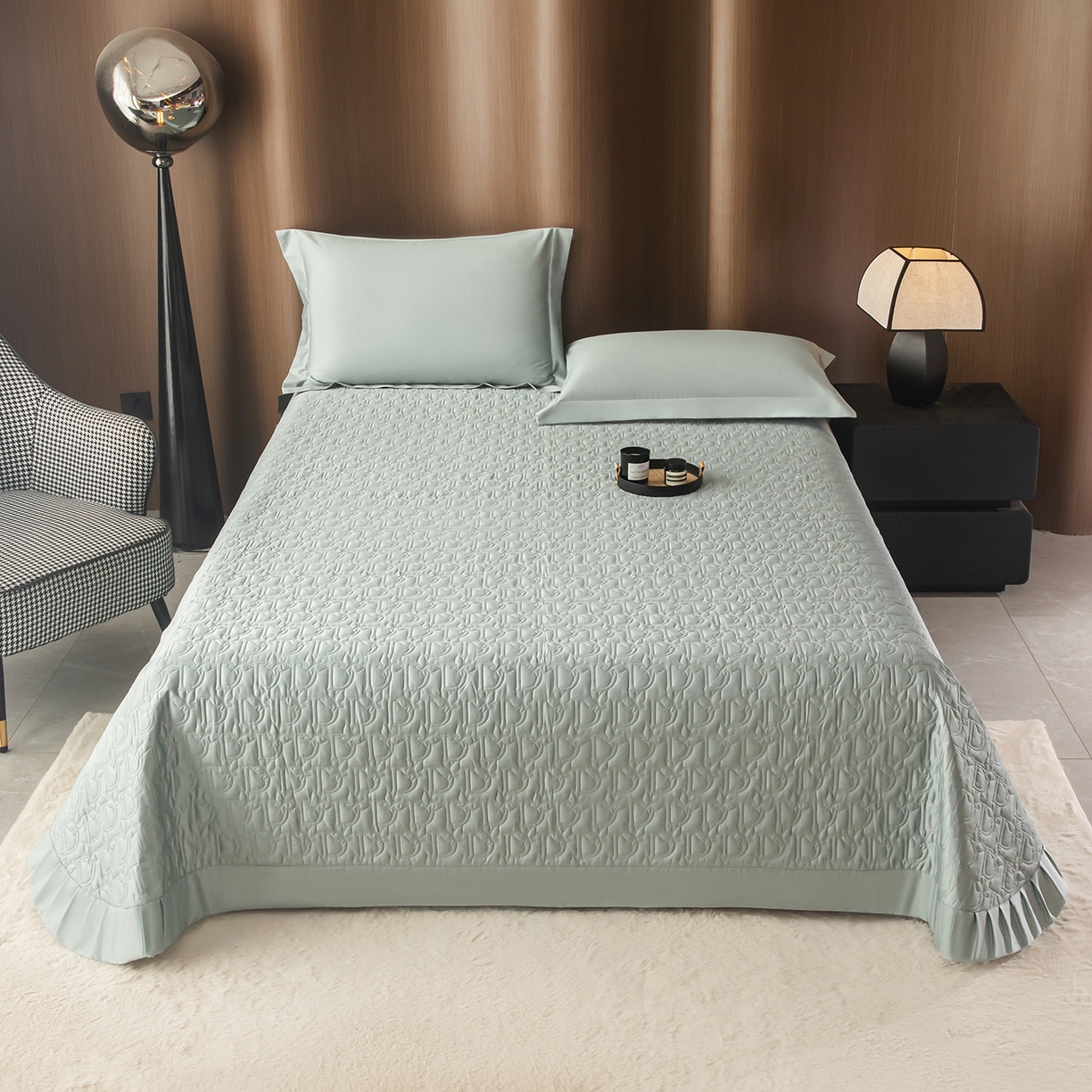 金喜 2025新款100支全棉蚕丝床盖-风格二 木槿绿