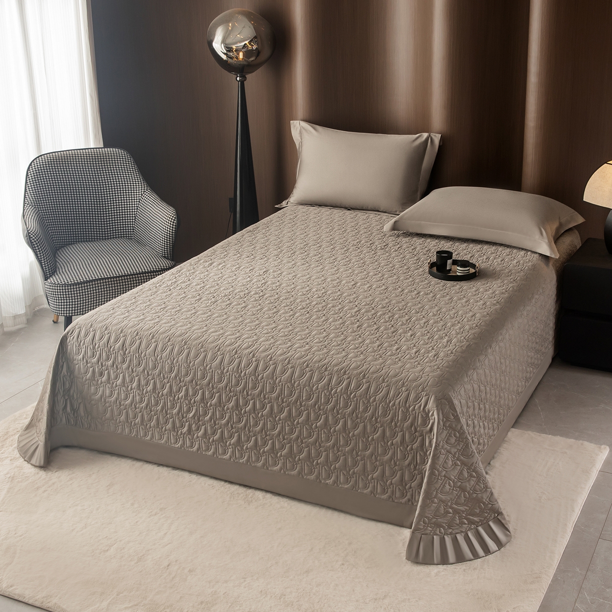 91家纺网 家纺一手货源 找家纺 金喜 2025新款100支全棉蚕丝床盖-风格二 灰咖