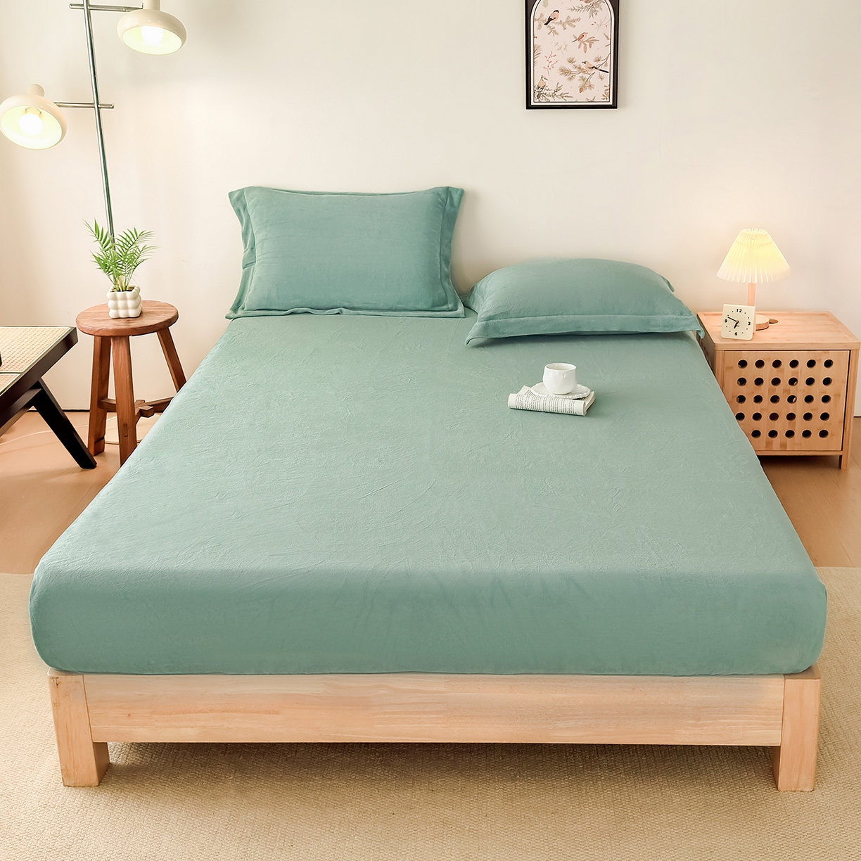 91家纺网 家纺一手货源 找家纺 金喜 支持定制2025新款200G牛奶绒纯色床笠 豆绿