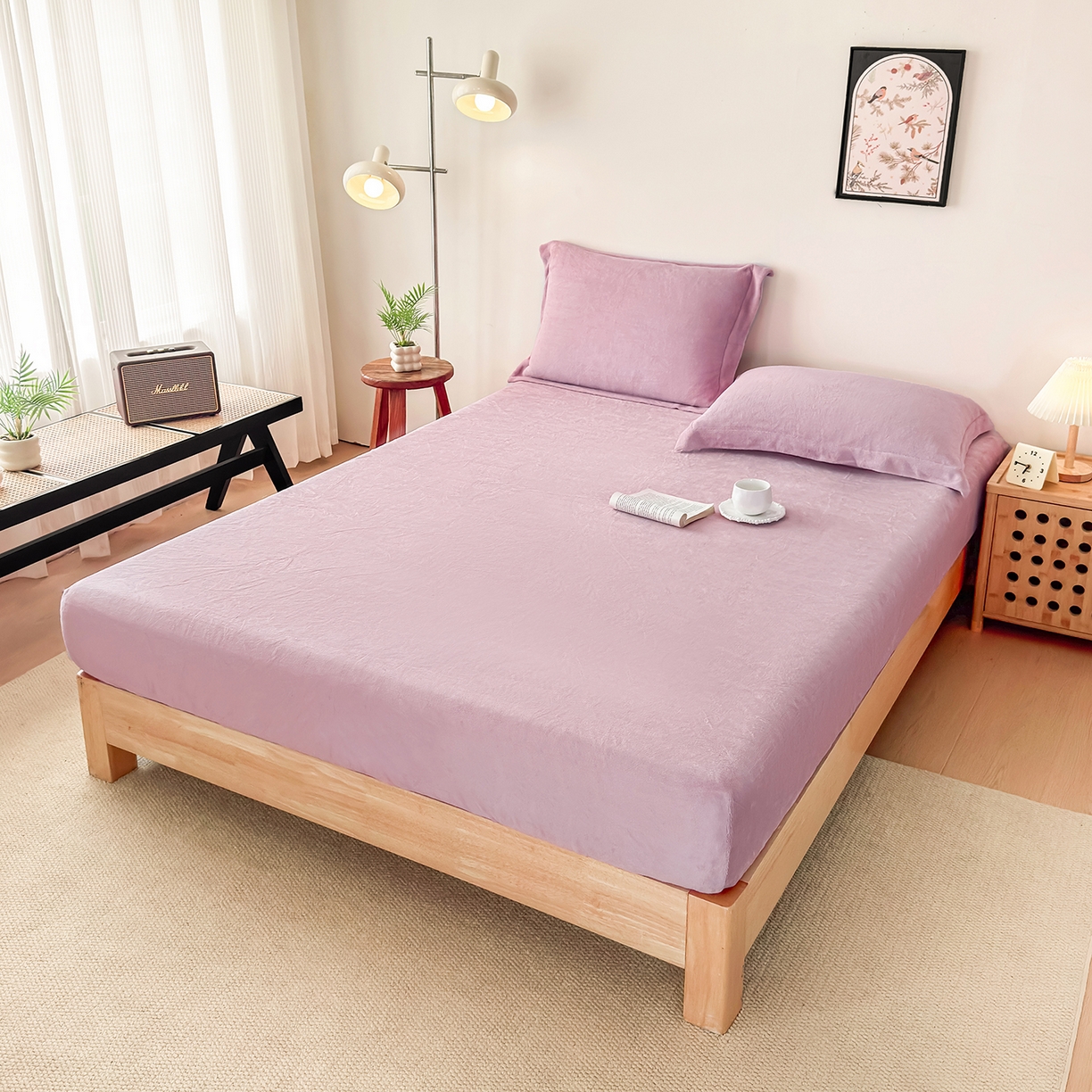 91家纺网 家纺一手货源 找家纺 金喜 支持定制2025新款200G牛奶绒纯色床笠 芋泥紫