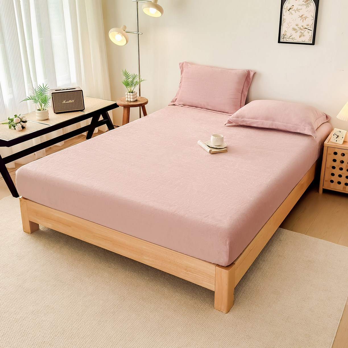 91家纺网 家纺一手货源 找家纺 金喜 支持定制2025新款200G牛奶绒纯色床笠 湘妃粉