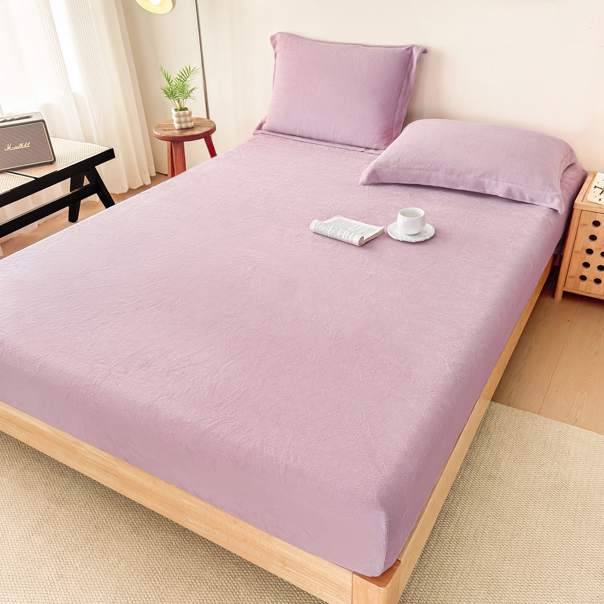 91家纺网 家纺一手货源 找家纺 金喜 支持定制2025新款200G牛奶绒纯色床笠 芋泥紫