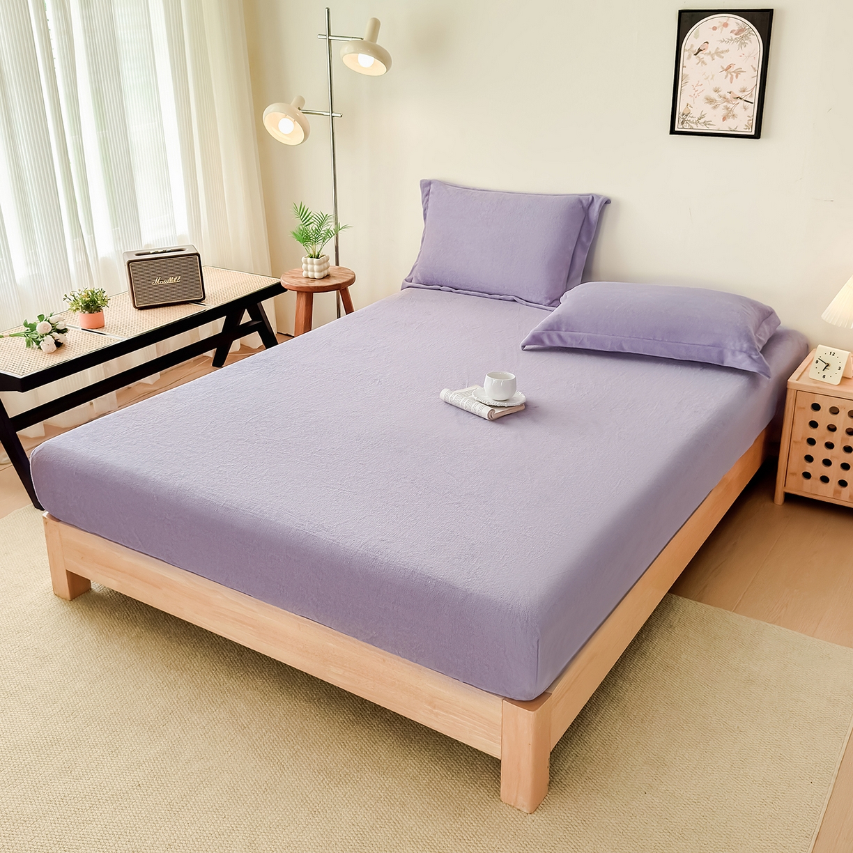 91家纺网 家纺一手货源 找家纺 金喜 支持定制2025新款200G牛奶绒纯色床笠 葡萄紫