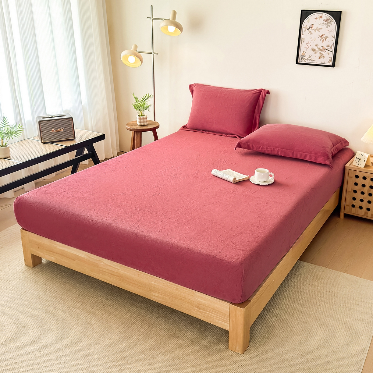 91家纺网 家纺一手货源 找家纺 金喜 支持定制2025新款200G牛奶绒纯色床笠 豆沙