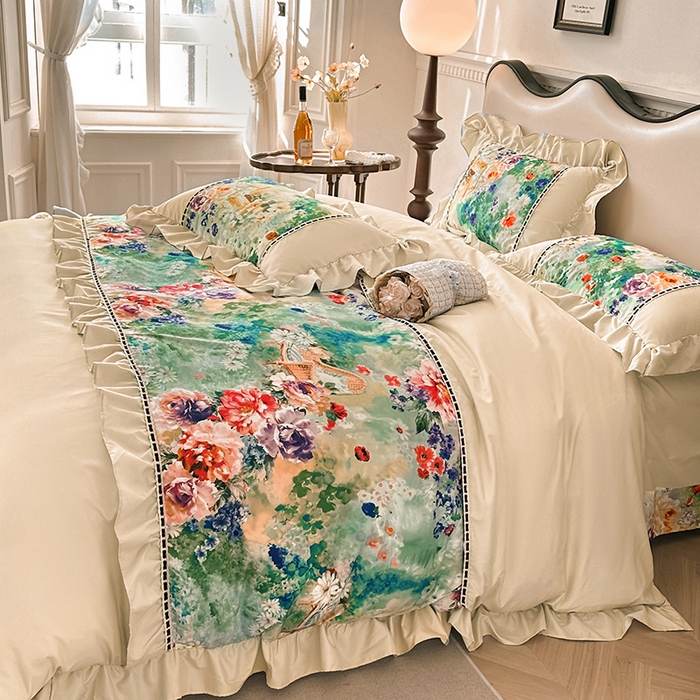 91家纺网 家纺一手货源 找家纺 （总）爱彼家纺 2026春夏新款法式油画格调双拼印花贡棉轻奢高端四件套-油画系列