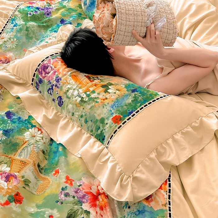 91家纺网 家纺一手货源 找家纺 （总）爱彼家纺 2026春夏新款法式油画格调双拼印花贡棉轻奢高端四件套-油画系列