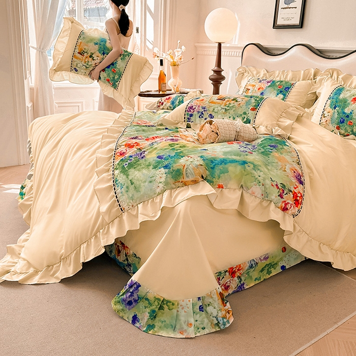 91家纺网 家纺一手货源 找家纺 爱彼家纺 2026春夏新款法式油画格调双拼印花贡棉轻奢高端四件套-油画系列 油画-安娜花园