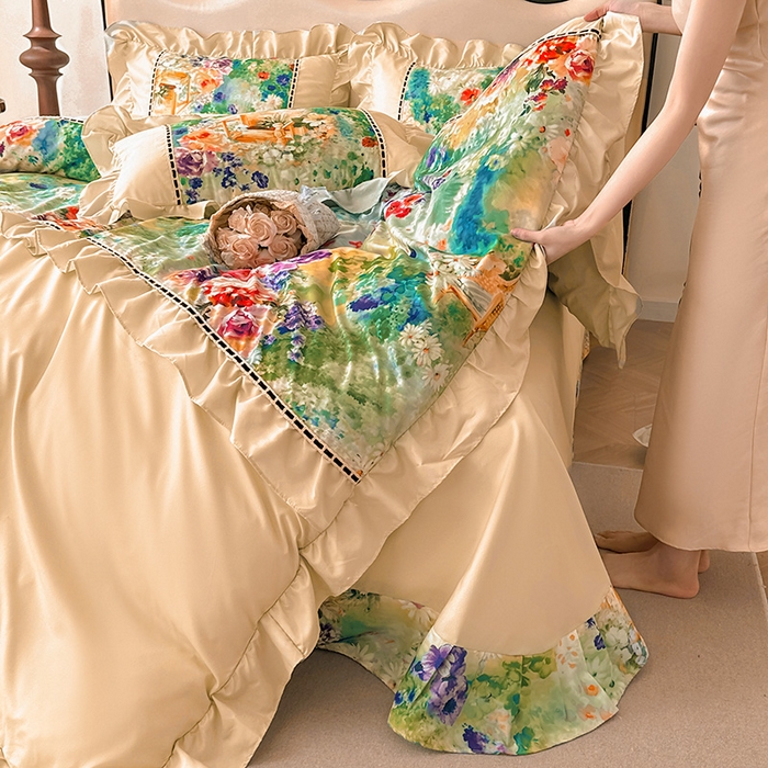 91家纺网 家纺一手货源 找家纺 爱彼家纺 2026春夏新款法式油画格调双拼印花贡棉轻奢高端四件套-油画系列 油画-安娜花园