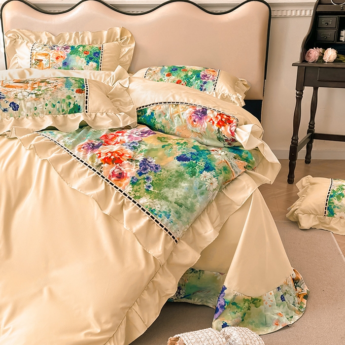 91家纺网 家纺一手货源 找家纺 爱彼家纺 2026春夏新款法式油画格调双拼印花贡棉轻奢高端四件套-油画系列 油画-安娜花园