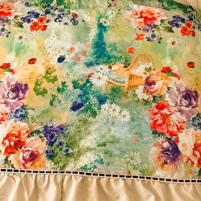 91家纺网 家纺一手货源 找家纺 爱彼家纺 2026春夏新款法式油画格调双拼印花贡棉轻奢高端四件套-油画系列 油画-安娜花园