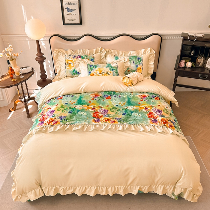 91家纺网 家纺一手货源 找家纺 爱彼家纺 2026春夏新款法式油画格调双拼印花贡棉轻奢高端四件套-油画系列 油画-安娜花园