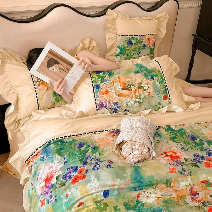 91家纺网 家纺一手货源 找家纺 爱彼家纺 2026春夏新款法式油画格调双拼印花贡棉轻奢高端四件套-油画系列 油画-安娜花园