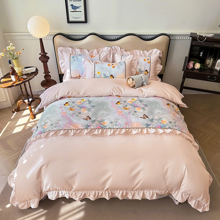 91家纺网 家纺一手货源 找家纺 爱彼家纺 2026春夏新款法式油画格调双拼印花贡棉轻奢高端四件套-油画系列 油画-蝶舞