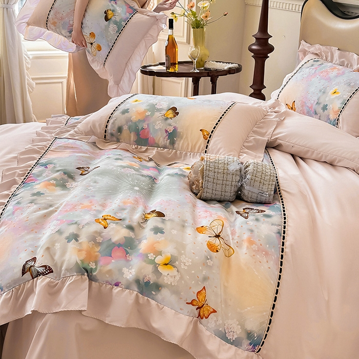 91家纺网 家纺一手货源 找家纺 爱彼家纺 2026春夏新款法式油画格调双拼印花贡棉轻奢高端四件套-油画系列 油画-蝶舞