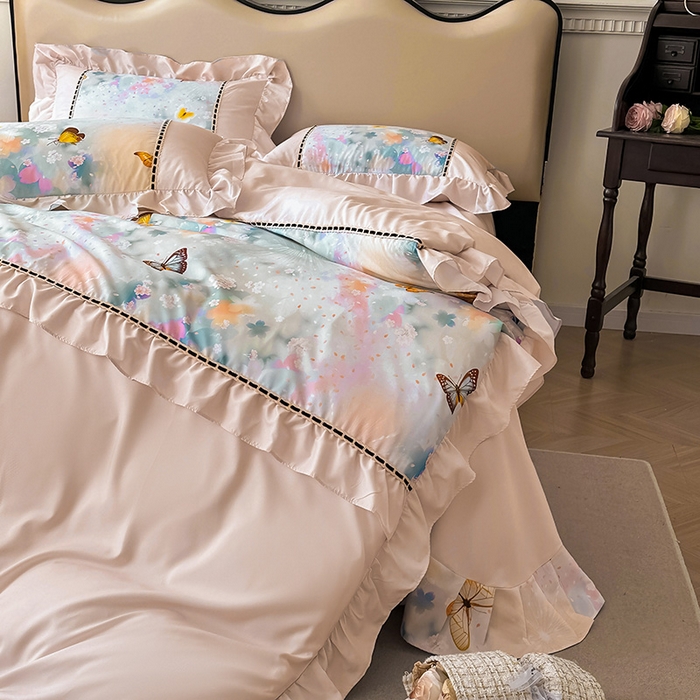 91家纺网 家纺一手货源 找家纺 爱彼家纺 2026春夏新款法式油画格调双拼印花贡棉轻奢高端四件套-油画系列 油画-蝶舞