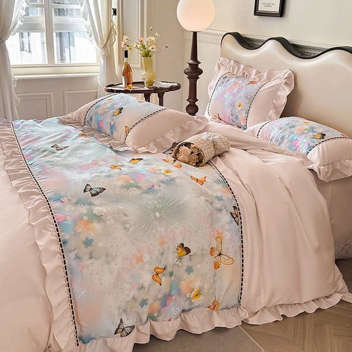 91家纺网 家纺一手货源 找家纺 爱彼家纺 2026春夏新款法式油画格调双拼印花贡棉轻奢高端四件套-油画系列 油画-蝶舞