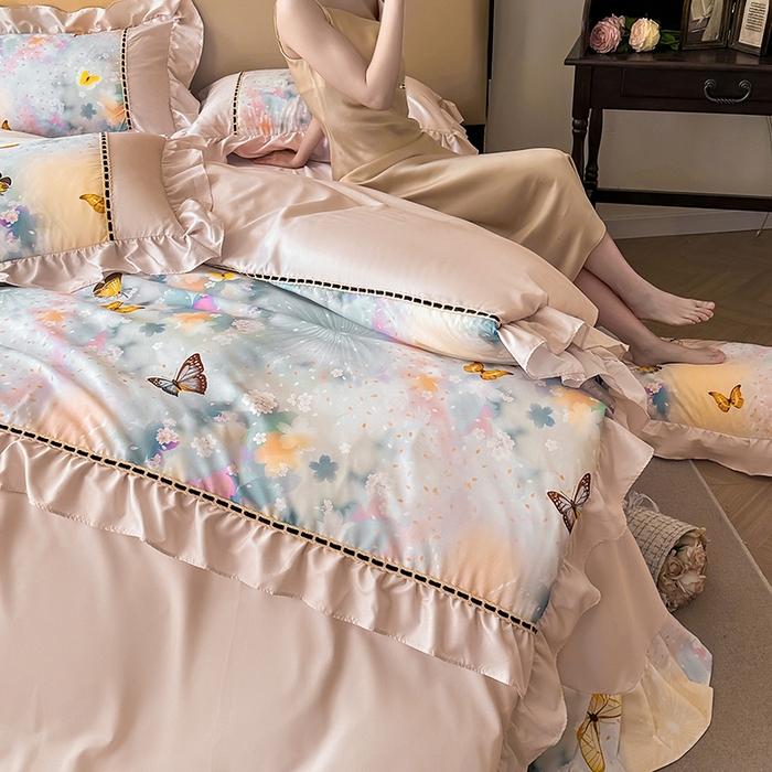 91家纺网 家纺一手货源 找家纺 爱彼家纺 2026春夏新款法式油画格调双拼印花贡棉轻奢高端四件套-油画系列 油画-蝶舞