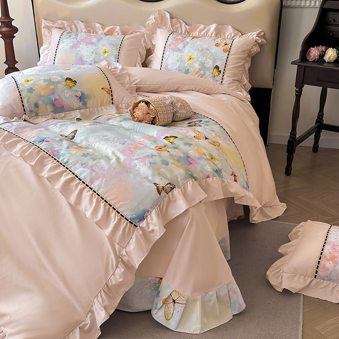 91家纺网 家纺一手货源 找家纺 爱彼家纺 2026春夏新款法式油画格调双拼印花贡棉轻奢高端四件套-油画系列 油画-蝶舞