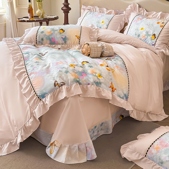 91家纺网 家纺一手货源 找家纺 爱彼家纺 2026春夏新款法式油画格调双拼印花贡棉轻奢高端四件套-油画系列 油画-蝶舞