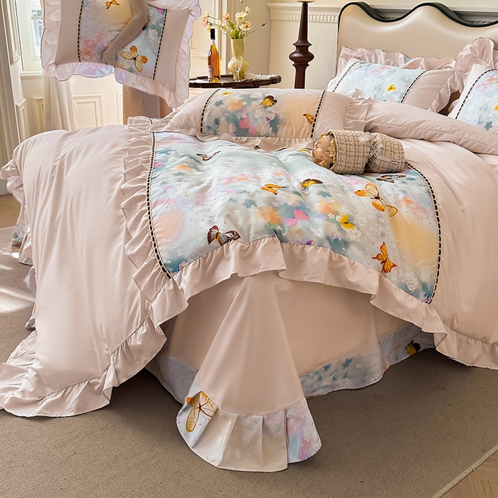 91家纺网 家纺一手货源 找家纺 爱彼家纺 2026春夏新款法式油画格调双拼印花贡棉轻奢高端四件套-油画系列 油画-蝶舞