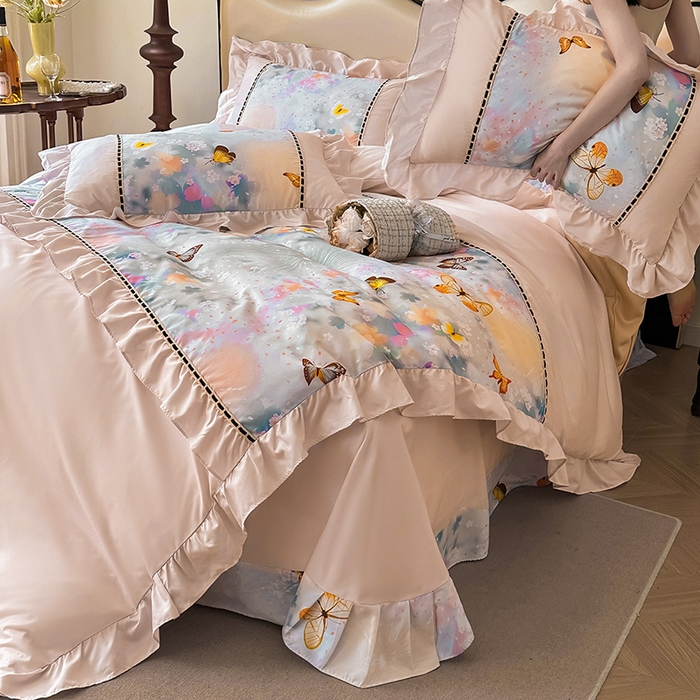 91家纺网 家纺一手货源 找家纺 爱彼家纺 2026春夏新款法式油画格调双拼印花贡棉轻奢高端四件套-油画系列 油画-蝶舞