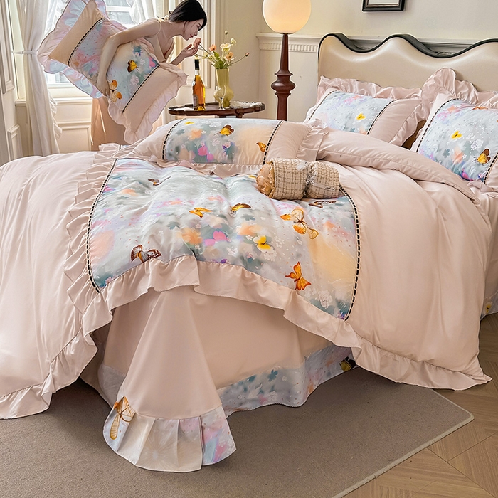 91家纺网 家纺一手货源 找家纺 爱彼家纺 2026春夏新款法式油画格调双拼印花贡棉轻奢高端四件套-油画系列 油画-蝶舞