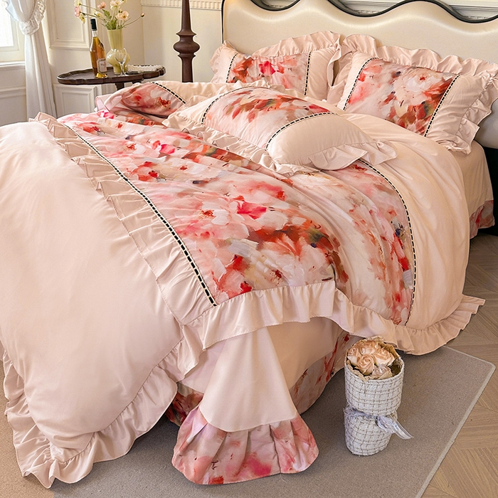 91家纺网 家纺一手货源 找家纺 爱彼家纺 2026春夏新款法式油画格调双拼印花贡棉轻奢高端四件套-油画系列 油画-国色天香