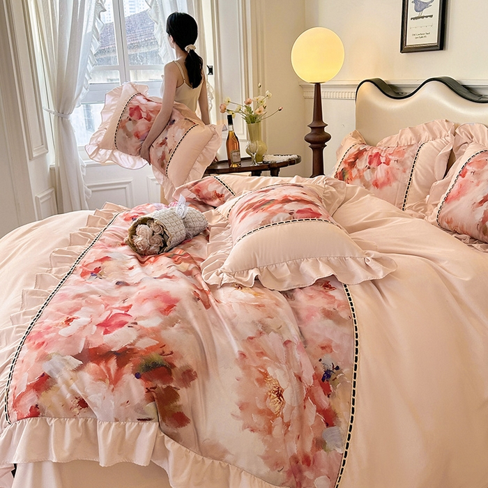 91家纺网 家纺一手货源 找家纺 爱彼家纺 2026春夏新款法式油画格调双拼印花贡棉轻奢高端四件套-油画系列 油画-国色天香