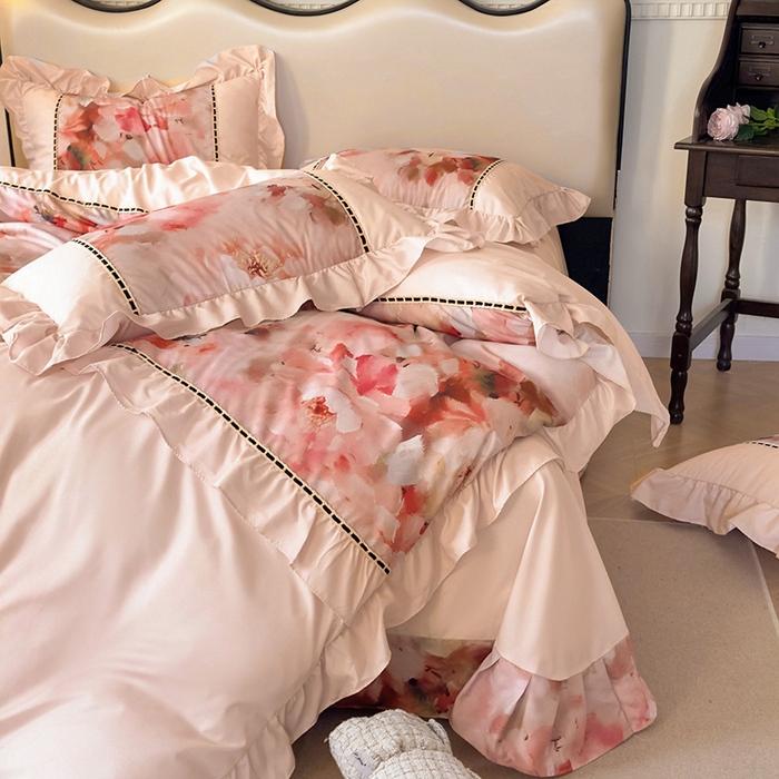 91家纺网 家纺一手货源 找家纺 爱彼家纺 2026春夏新款法式油画格调双拼印花贡棉轻奢高端四件套-油画系列 油画-国色天香