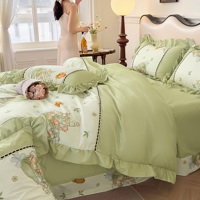 91家纺网 家纺一手货源 找家纺 爱彼家纺 2026春夏新款法式油画格调双拼印花贡棉轻奢高端四件套-油画系列 油画-蓝铃花