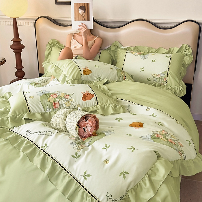 91家纺网 家纺一手货源 找家纺 爱彼家纺 2026春夏新款法式油画格调双拼印花贡棉轻奢高端四件套-油画系列 油画-蓝铃花