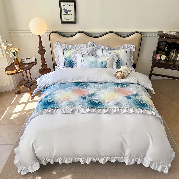 91家纺网 家纺一手货源 找家纺 爱彼家纺 2026春夏新款法式油画格调双拼印花贡棉轻奢高端四件套-油画系列 油画-蓝色妖姬