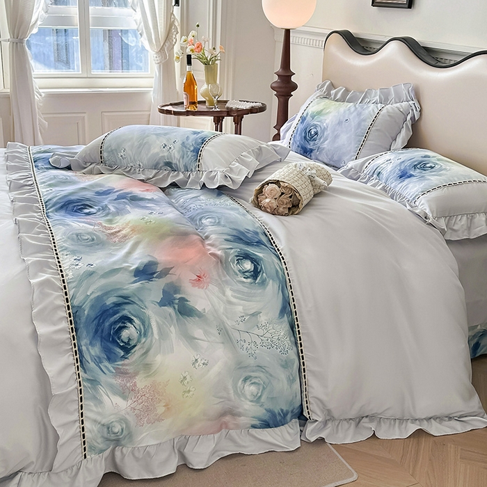 91家纺网 家纺一手货源 找家纺 爱彼家纺 2026春夏新款法式油画格调双拼印花贡棉轻奢高端四件套-油画系列 油画-蓝色妖姬