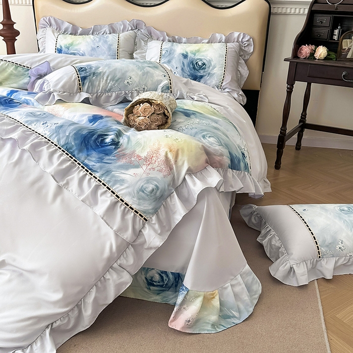 91家纺网 家纺一手货源 找家纺 爱彼家纺 2026春夏新款法式油画格调双拼印花贡棉轻奢高端四件套-油画系列 油画-蓝色妖姬