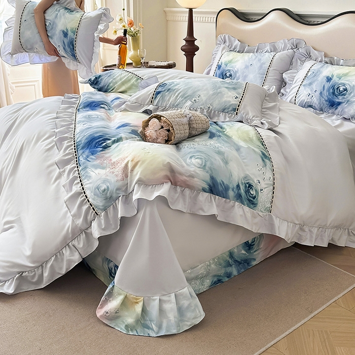 91家纺网 家纺一手货源 找家纺 爱彼家纺 2026春夏新款法式油画格调双拼印花贡棉轻奢高端四件套-油画系列 油画-蓝色妖姬