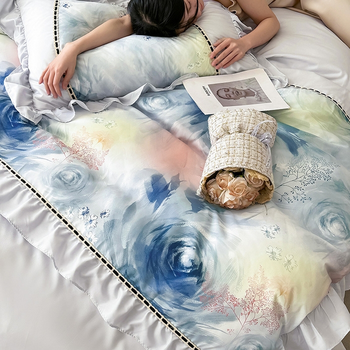 91家纺网 家纺一手货源 找家纺 爱彼家纺 2026春夏新款法式油画格调双拼印花贡棉轻奢高端四件套-油画系列 油画-蓝色妖姬