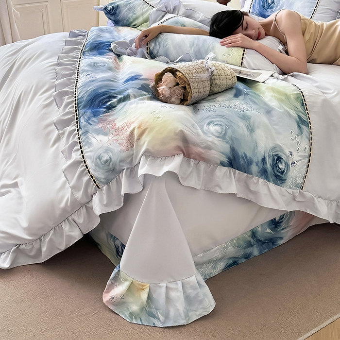 91家纺网 家纺一手货源 找家纺 爱彼家纺 2026春夏新款法式油画格调双拼印花贡棉轻奢高端四件套-油画系列 油画-蓝色妖姬