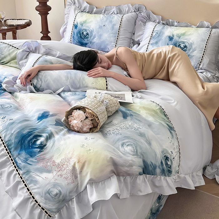 91家纺网 家纺一手货源 找家纺 爱彼家纺 2026春夏新款法式油画格调双拼印花贡棉轻奢高端四件套-油画系列 油画-蓝色妖姬