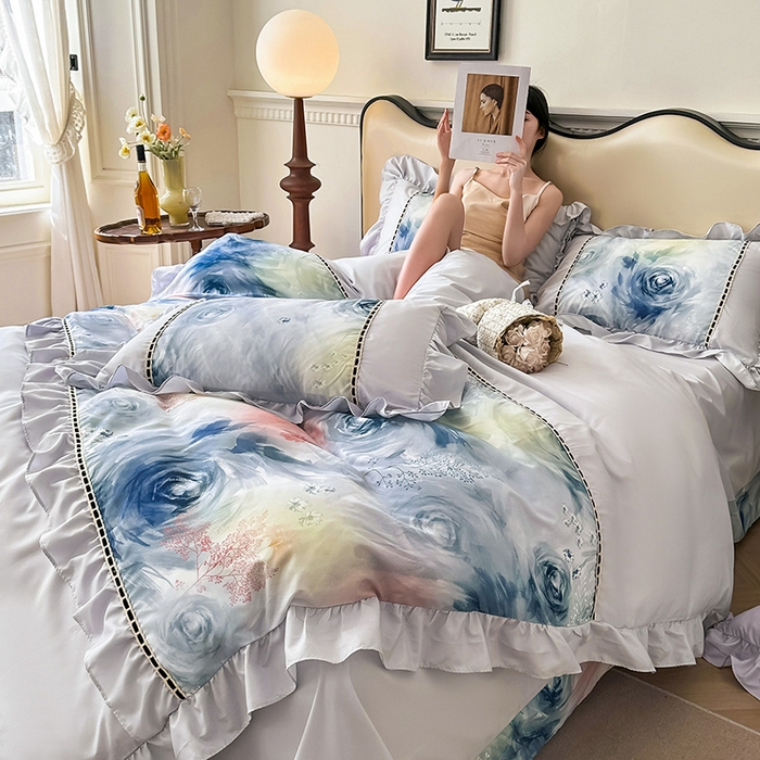 91家纺网 家纺一手货源 找家纺 爱彼家纺 2026春夏新款法式油画格调双拼印花贡棉轻奢高端四件套-油画系列 油画-蓝色妖姬