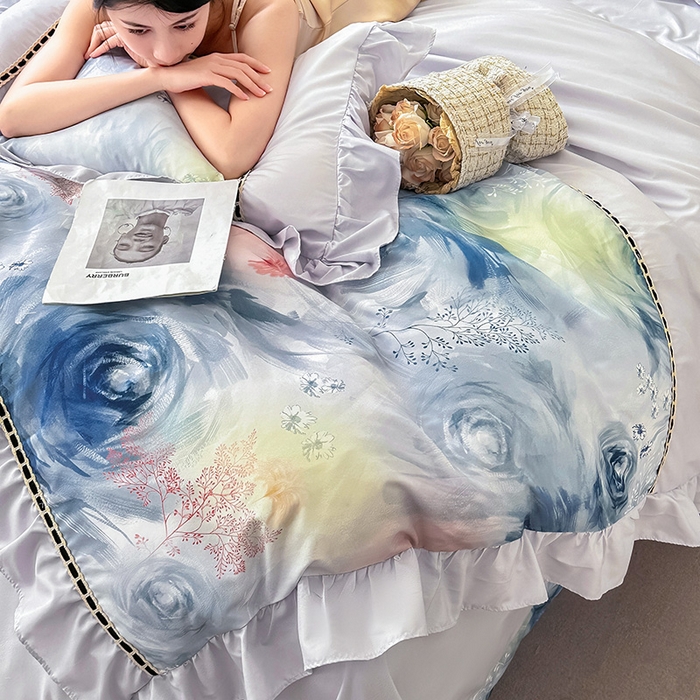 91家纺网 家纺一手货源 找家纺 爱彼家纺 2026春夏新款法式油画格调双拼印花贡棉轻奢高端四件套-油画系列 油画-蓝色妖姬