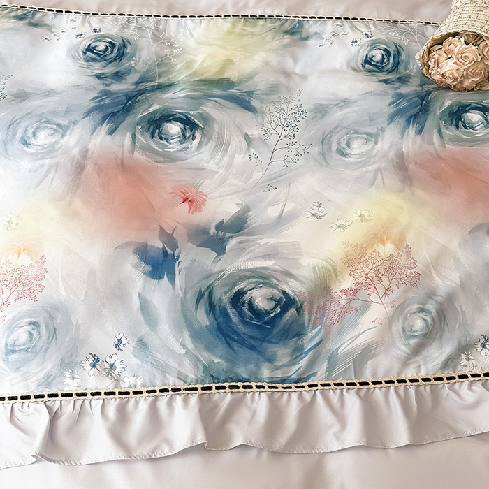 91家纺网 家纺一手货源 找家纺 爱彼家纺 2026春夏新款法式油画格调双拼印花贡棉轻奢高端四件套-油画系列 油画-蓝色妖姬